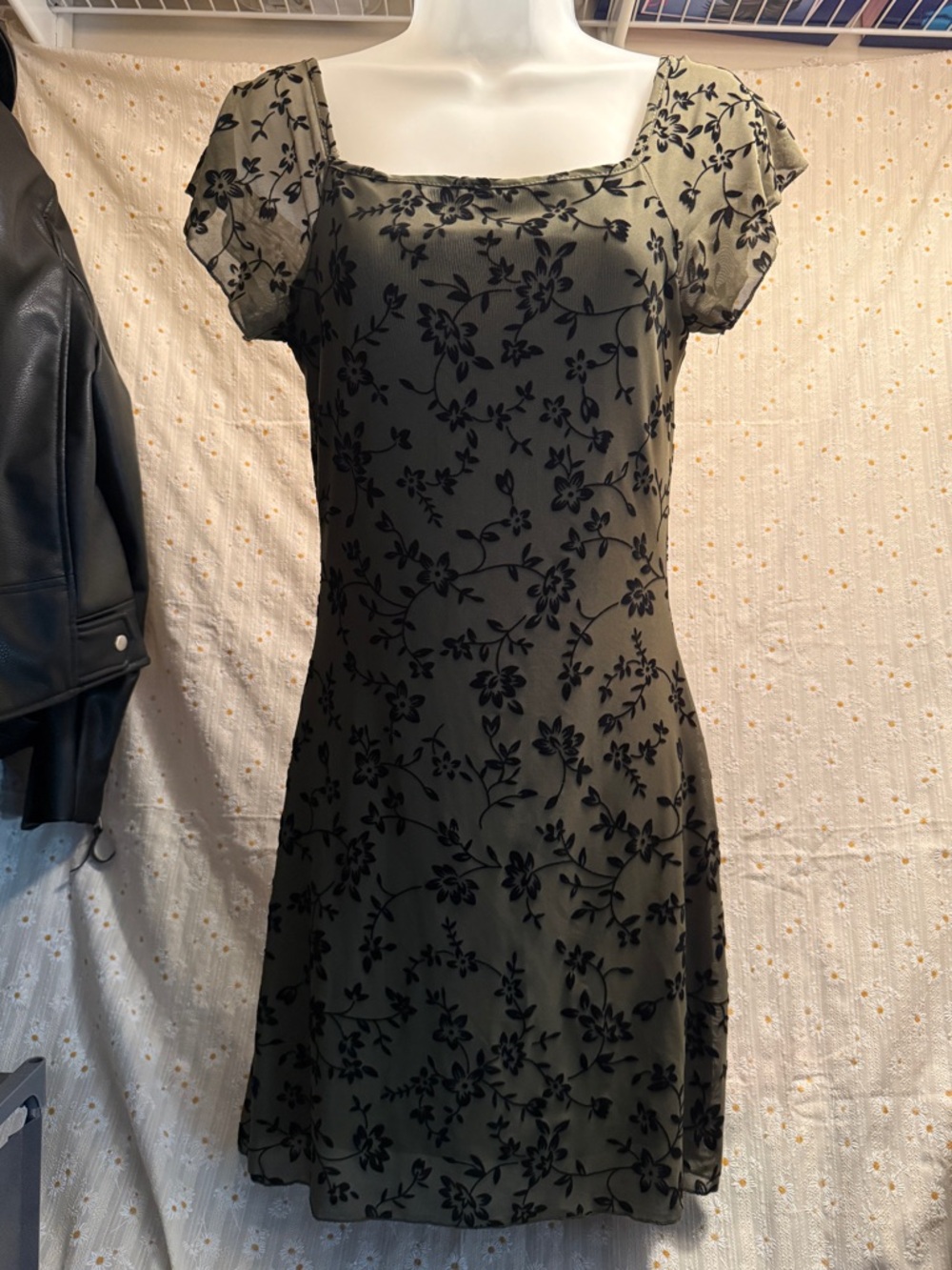 Olive Green Floral Square-Neck Dress